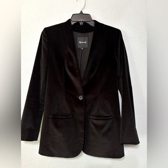 Madewell Black Velvet Single Button Collarless Blazer 0 - Picture 4 of 6